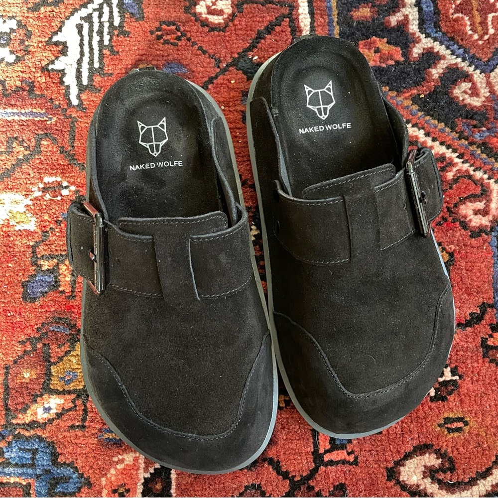 Naked Wolfe Black Suede Clogs Worn Once
